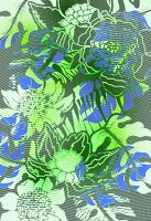 Multi-layered pattern of tropical flowers and leaves (print)