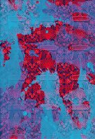 Blue paint splashed over red tribal pattern (print)