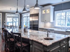 Large Kitchen Island with Grey Marble Top