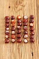Five rows of conkers on wooden surface