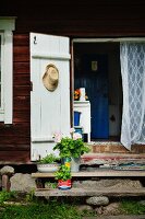 Potted geraniums and herbs on wooden steps leaning to open, white-painted wooden door