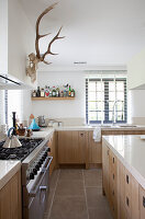 Country-style kitchen with deer antler decor and light-colored wooden cupboards