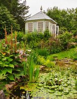 View across pond with flowering pond plants to wooden summer house with lattice windows in idyllic garden