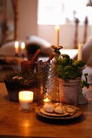 Still-life arrangement in candlelight; potted herbs and dish of garlic bulbs amongst lit andles