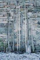Gardening tools leaning against stone wall