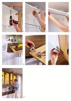 Instructions for attaching wood and glass kitchen cabinet doors and fitting interior lighting