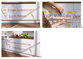 Instructions for revamping kitchen cabinet fronts using adhesive letters