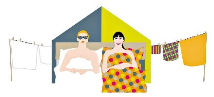 An illustration of a man and woman in bed with different bed linen