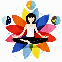 Smiling woman sitting in lotus position surrounded by harmony symbols
