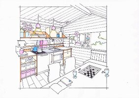 Illustration: A small kitchen for self-catering holidaymakers in a garden house