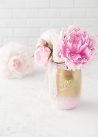 Peonies in jar painted pink and gold