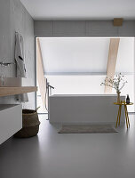 Free-standing bathtub in modern bathroom with glass wall