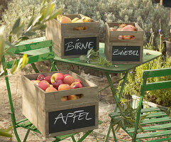 Wooden crates of freshly harvested fruit with labels written on chalkboard panels