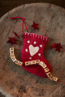 Christmas stocking and festive greeting made from wooden letters