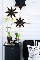 Wooden stars on a white wooden wall, white amaryllis and hyacinths on a black cabinet
