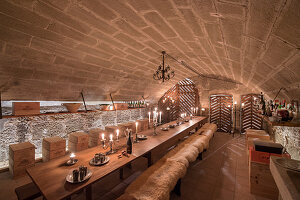 Long dining table and benches with fur blankets in rustic party basement with vaulted ceiling