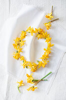 Dried narcissus flowers laid out in a wreath