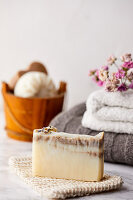 Handmade, natural soap made with lavender oil and aronia powder