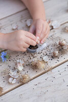 Kinderhände spielen mit Blumensamen