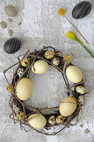Clematis wreath with chicken, turkey, and quail eggs
