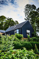Haus mit schwarzem Wellblech verkleidet in sommerlichem Garten