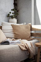Cosy sofa with scatter cushions, blanket and book with bouquet of dried globe thistles in background
