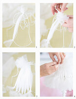Making a lampshade from white tulle and fabric scraps