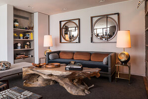 Solid wood coffee table, antique lamps and mirrors in living room