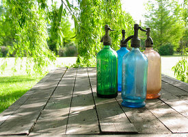 Colourful soda siphons on a wooden garden table in garden with vibrant green foliage