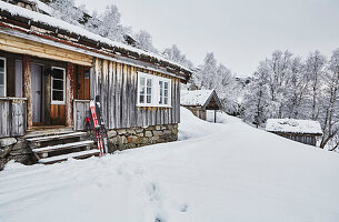 Exterior of Litlestol a wooden cabin situated in the mountains of Sirdal, Norway