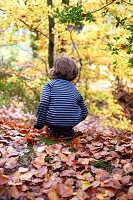 Boy in striped top crouching down in fallen leaves, Autumn, Haslemere, Surrey, England