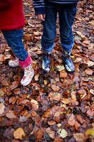 Girl and boy in wellington boots stand on wet Autumn leaves, low section, Haslemere, Surrey, England