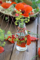 Small bouquet of poppies, poppy capsule and lady's mantle in mini bottle, decorated with petals and string