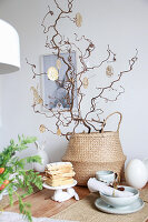DIY- lacey ornaments on corkscrew branches as Easter decoration