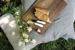 Wooden board with bread and knife on floor cushion at picnic