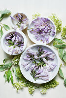 Spring flowers in ceramic bowls