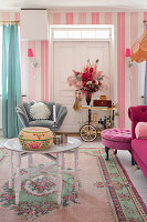 Lounge in pink tones with golden bar cart
