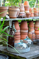 Old stacked terracotta pots and glass dome on vintage tray on planting table