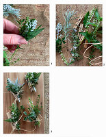 Making a mini herb bouquet with the help of a clothes pin