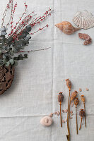 Set table with bouquet of eucalyptus, broom and dried poppies and shell decoration