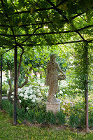 Pergola overgrown with vines, statue and snowball hydrangea in the garden