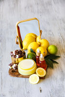 Facial oil, body butter and body chocolates with citrus fruits