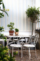 Weißes Gartenmöbel-Set mit Pflanzen auf altem Holztisch im Garten