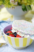 Striped bowl with fresh berries and fabric cover in the garden