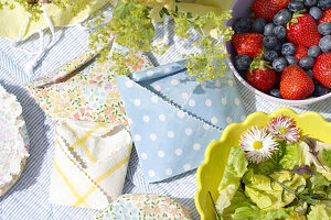 Picnic scene with fresh berries and salad, homemade oilcloths