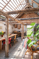 Garden shed with wooden beams and rustic furniture