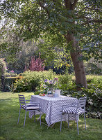 Laid garden table with chequered tablecloth under a tree in the summer garden