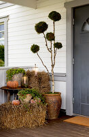 Herbstlich dekorierte Veranda mit Kürbissen und Strohballen