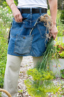 Person mit Jeans-Gartenschürze hält blühenden Dill im Garten