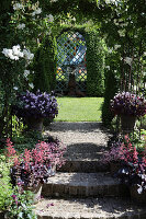 Formal garden with steps, climbing arches and floral decorations